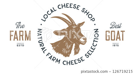 Goat. Vintage retro print, black white goat drawing, sketch ink pencil draw, engrave old school style. Template tag label, sticker packaging, meat farm shop pack, goat. Vector Illustration 126719215