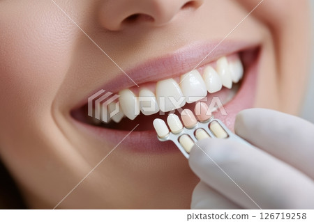 Close-up of woman smiling while dentist compares teeth shades with color guide. Healthy white smile. Cosmetic dentistry. Professional dental care. Clean, natural look. Oral health concept. Banner Close-up of woman smiling while dentist compares teeth shades with color guide. Healthy white smile. Cosmetic dentistry. Professional dental care. Clean, natural look. Oral health concept. Banner 126719258