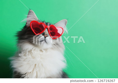 Close-up of fluffy cat in heart-shaped pink sunglasses on vibrant green background. Humorous concept. Bold colors. Fashionable pet moment. Quirky and playful vibe. Fun, pets, humor. Copy space Close-up of fluffy cat in heart-shaped pink sunglasses on vibrant green background. Humorous concept. Bold colors. Fashionable pet moment. Quirky and playful vibe. Fun, pets, humor. Copy space 126719267