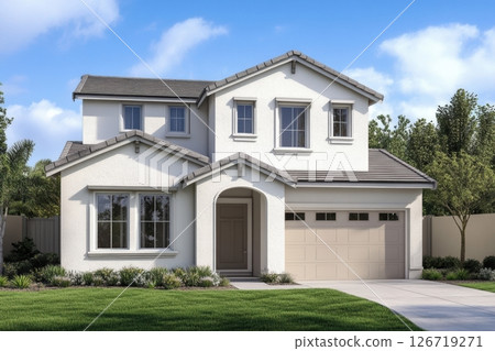 Modern two-story house with clean facade, garage, porch and well-kept lawn under blue sky. Ideal country life, real estate and home ownership concept. Sleeping area. Plenty of space for your text 126719271