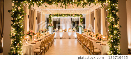 Elegant wedding reception with fairy lights and floral decor, romance 126719435