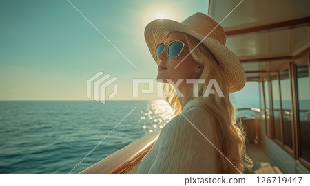 An Elegant Woman is Delighting in a Picturesque Scenic Ocean View while Relaxing on a Luxurious Yacht An Elegant Woman is Delighting in a Picturesque Scenic Ocean View while Relaxing on a Luxurious Yacht 126719447