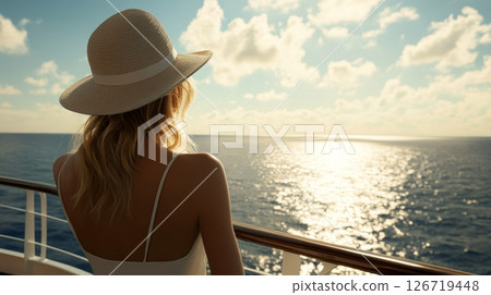 An Elegant Woman is Delighting in a Picturesque Scenic Ocean View while Relaxing on a Luxurious Yacht 126719448