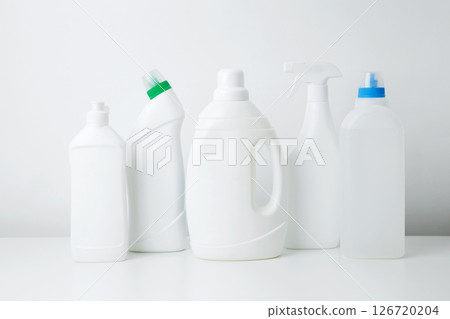 Various cleaning supplies branding mockup, symbolizing spring cleaning. Household cleaning and hygiene concept concept 126720204