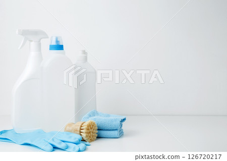 Cleaning supplies branding mockup, ready for a productive and satisfying spring refresh. Household cleaning and hygiene concept concept 126720217