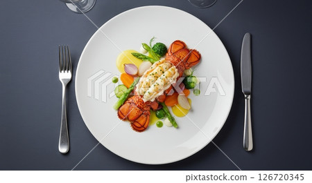 Gourmet grilled lobster tail with fresh vegetables and sauce elegantly plated for fine dining 126720345