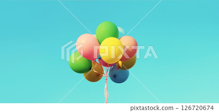 Bunch of multicolor balloons flying on blue sky background 126720674