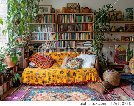 Nostalgic living space filled with vintage items, books, plants, and colorful decor 126720738