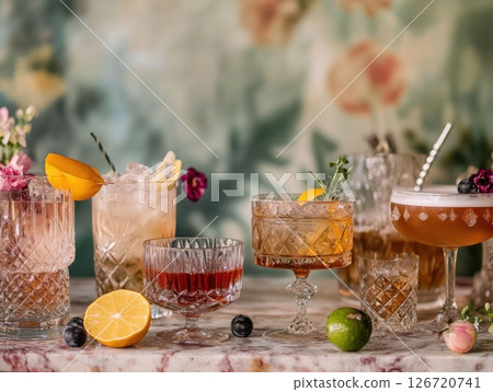 Retro-inspired cocktail setups, unpretentious drinks served in vintage glasses Retro-inspired cocktail setups, unpretentious drinks served in vintage glasses 126720741