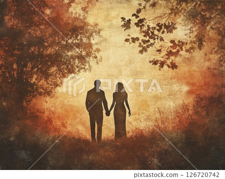 Romantic couple holding hands in a serene, warm-toned setting, evoking feelings of love and nostalgia Romantic couple holding hands in a serene, warm-toned setting, evoking feelings of love and nostalgia 126720742