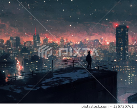 Urban rooftop at night with a lone figure gazing over the glowing cityscape, immersed in atmospheric lights 126720761