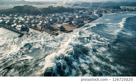 Aerial view of a coastal town with waves crashing against the shore. The scene includes houses along the beach and a cloudy sky in the background. 126720820