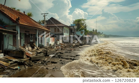 A coastal scene shows damaged buildings along a shoreline. Waves crash against the shore, with debris scattered on the ground. The sky is partly cloudy. 126720829