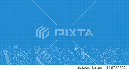 Mechanical engineering drawings on blue background. Cutting tools, milling cutter. Technical Design. Cover. Blueprint. Horizontal seamless pattern. Vector illustration. Mechanical engineering drawings on blue background. Cutting tools, milling cutter. Technical Design. Cover. Blueprint. Horizontal seamless pattern. Vector illustration. 126720832