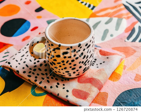 A close-up of a handmade ceramic mug on a table with a bold, geometric napkin, bright colors, and an imperfect, hand-drawn aesthetic 126720874