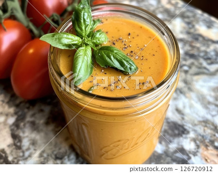 Bright tomato soup in a glass jar, portable, with fresh basil garnish 126720912