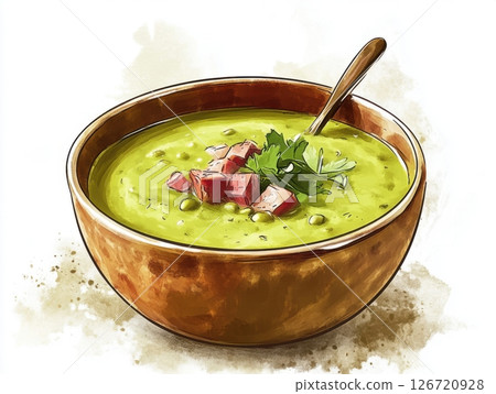 Rustic bowl of split pea soup with smoked ham, featuring a traditional recipe updated with gourmet ingredients 126720928