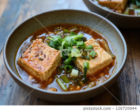 Fermented kimchi broth with tofu and scallions, rustic presentation 126720944