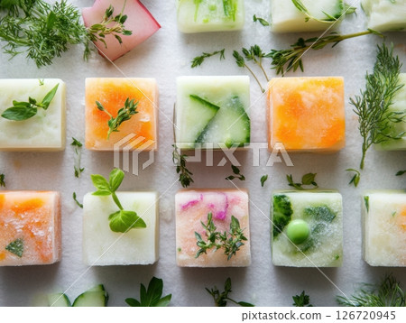 Frozen soup cubes with herbs and vegetables, arranged for an easy meal 126720945