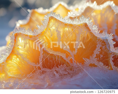 Frozen citrus slices layered with ice crystals, glowing in bright natural light 126720975