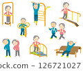 An elderly couple exercising on exercise equipment in the park 126721027
