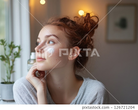 Gen Z woman applying skincare during self-care routine focusing on mental health and well-being Gen Z woman applying skincare during self-care routine focusing on mental health and well-being 126721204