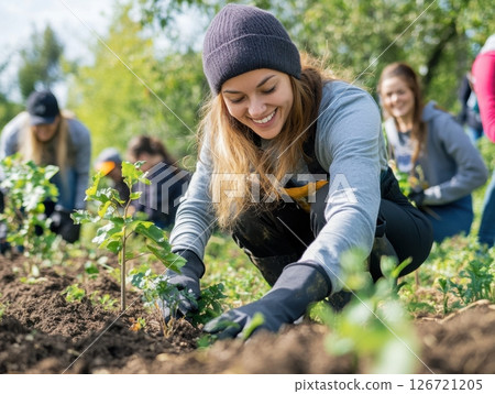 Group of volunteers planting trees outdoors celebrating positive environmental impact 126721205