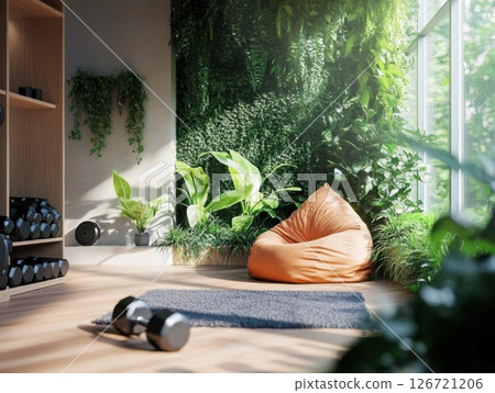 Cozy home gym corner with beanbag chair, small weights and calming greenery in background 126721206