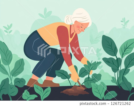 Senior woman gardening outdoors, staying active and connected with nature for emotional wellbeing 126721262