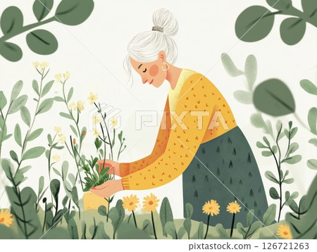 Senior woman gardening outdoors, staying active and connected with nature for emotional wellbeing 126721263