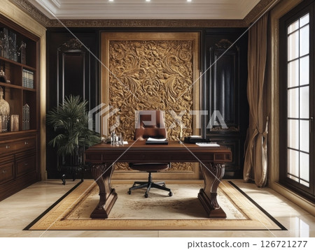 Embossed textured wallpaper on wall adding depth and tactile interest to modern interior space 126721277