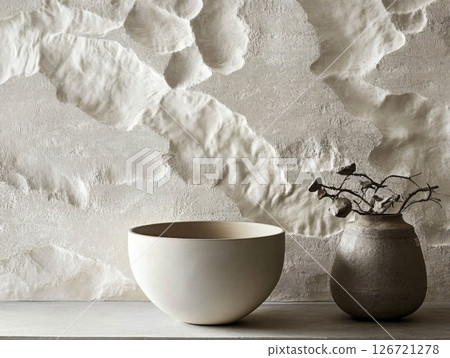 Embossed textured wallpaper on wall adding depth and tactile interest to modern interior space 126721278