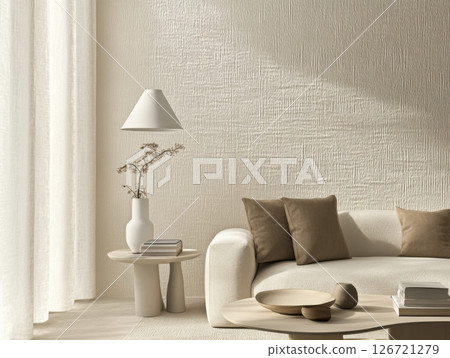 Embossed textured wallpaper on wall adding depth and tactile interest to modern interior space 126721279