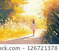 Soft girl walking in sunlit park enjoying peaceful moment and embodying slow living lifestyle 126721378