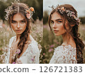 Wedding outfit decorated with blooming flowers and wild floral details highlighting botanical elegance 126721383