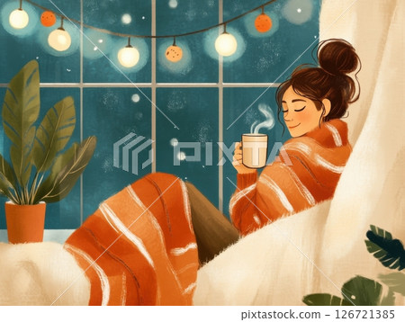 Woman in cozy blanket sipping hot chocolate during peaceful mindful evening at home 126721385