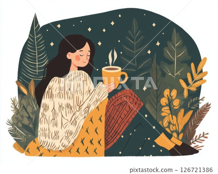 Woman in cozy blanket sipping hot chocolate during peaceful mindful evening at home 126721386