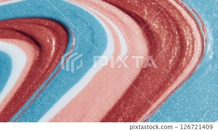 Abstract swirl pattern with shimmering blue, white, and copper hues creates a fluid and dynamic texture 126721409