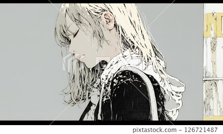 一名年輕女子在雨中行走,沒有帶傘 一名年輕女子在雨中行走,沒有帶傘 126721487