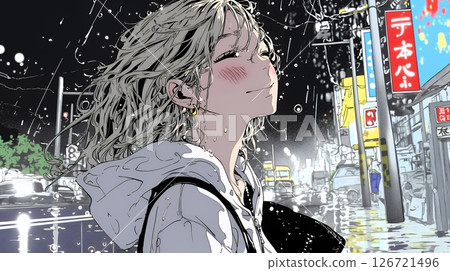 A young woman walking in the rain without an umbrella 126721496