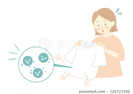 Illustration of a woman in trouble with smelly laundry and bacteria 126721598