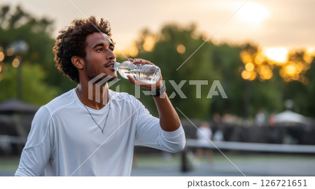 Tennis player on the court drinks water from a bottle 126721651