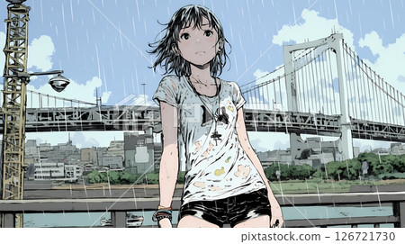 A young woman soaked in a sudden summer rain 126721730