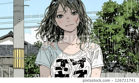 一位年輕女子被一場突如其來的夏雨淋濕 126721741