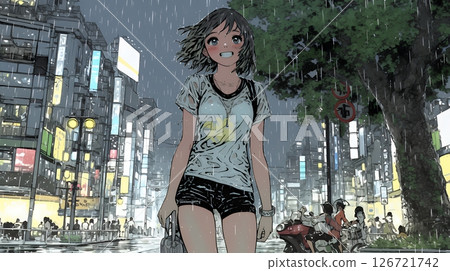 A young woman soaked in a sudden summer rain 126721742