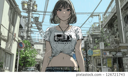 一位年輕女子被一場突如其來的夏雨淋濕 126721743