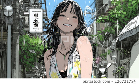 A young woman soaked in a sudden summer rain 126721754