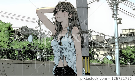 一位年輕女子被一場突如其來的夏雨淋濕 一位年輕女子被一場突如其來的夏雨淋濕 126721755