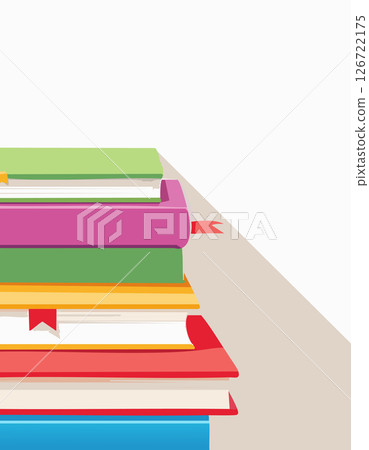 A playful pile of colorful books stacked loosely with visible page lines and bookmark ribbons. Soft shadows and a clean white background provide open copy space above. A playful pile of colorful books stacked loosely with visible page lines and bookmark ribbons. Soft shadows and a clean white background provide open copy space above. 126722175