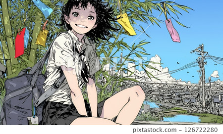 七夕裝飾和穿制服的女學生 七夕裝飾和穿制服的女學生 126722280